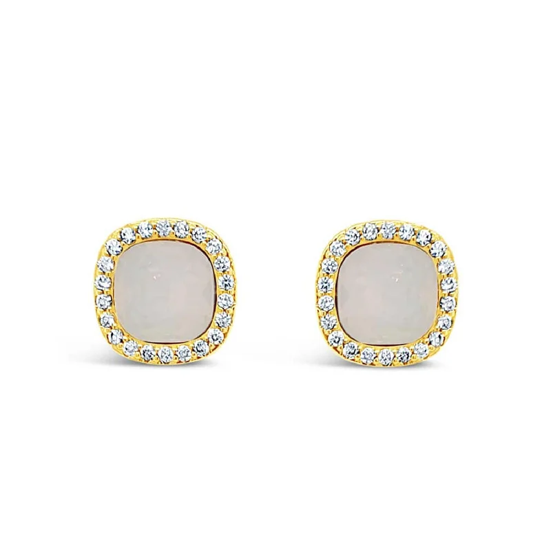 Absolute White Opal Square Stud Earrings, Gold