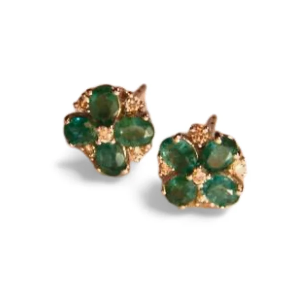 Elegant Estate 14K White Gold Emerald Diamond Flower Floral Stud Earrings