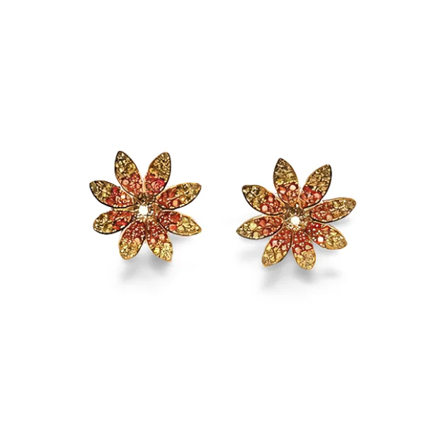 Estate 14K Yellow Gold Diamond Red Sapphire Flower Stud Earrings Studs