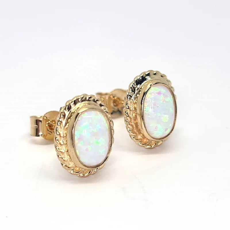 Gold Cabochon oval Opal stud earrings 35466