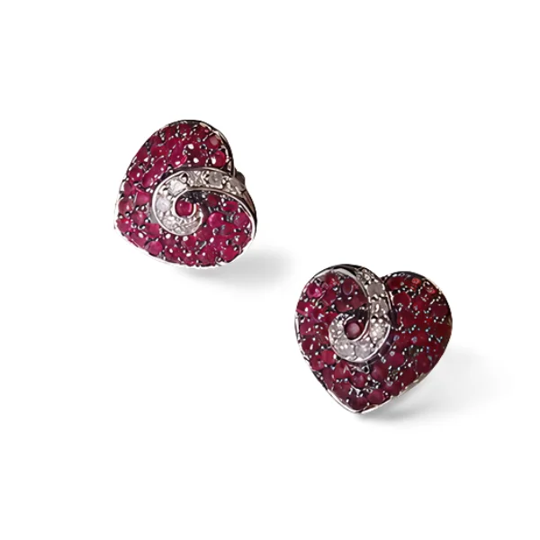 Gorgeous 14K White Gold Ruby Rubies Diamond Designer Heart Stud Earrings