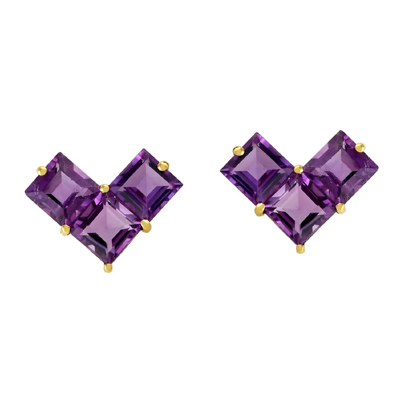 Amethyst Stud Earrings 14k Yellow Gold Handmade Jewelry