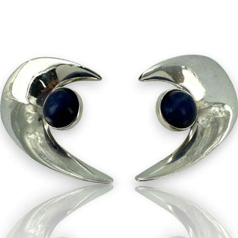 Miguel Pineda Aztec 925 Sterling Silver Large Lapis Round Stud Earrings