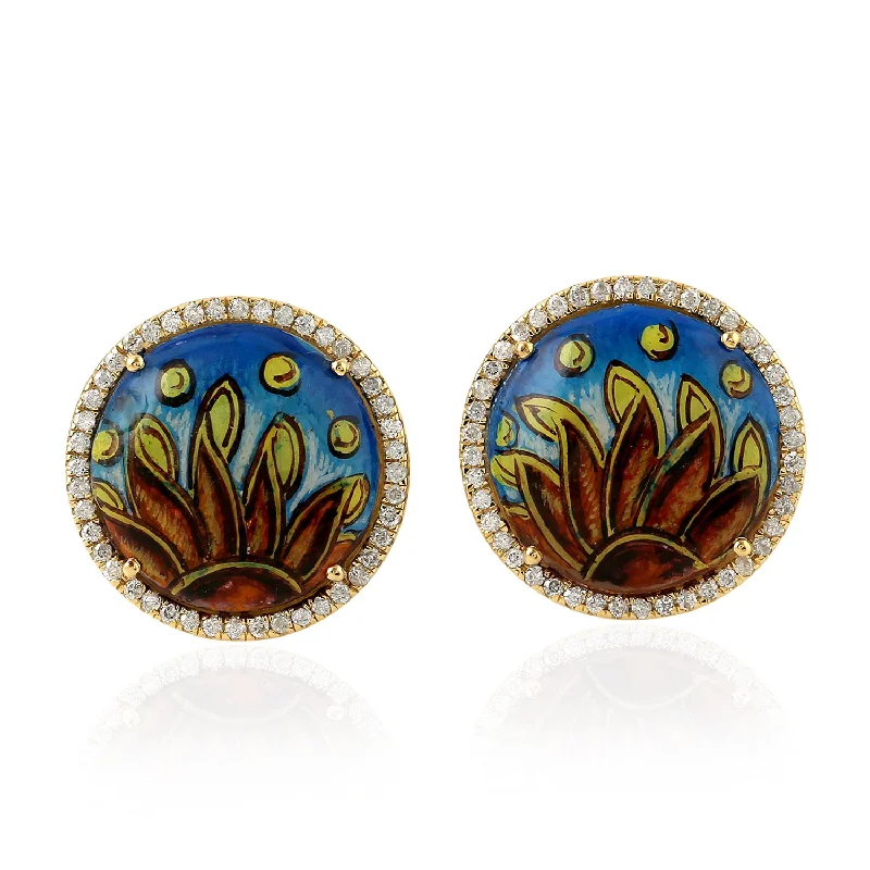 Mother Of Pearl Enamel Stud Earrings Pave Diamond Yellow Gold Jewelry