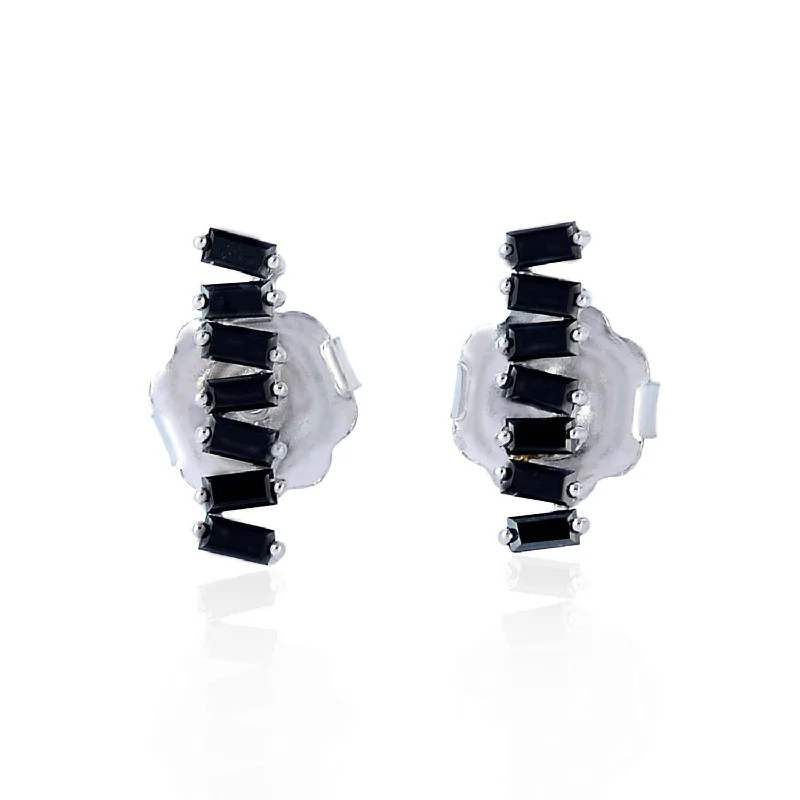 Natural Black Diamond Baguette Stud Earrings 18k White Gold Handmade Jewelry