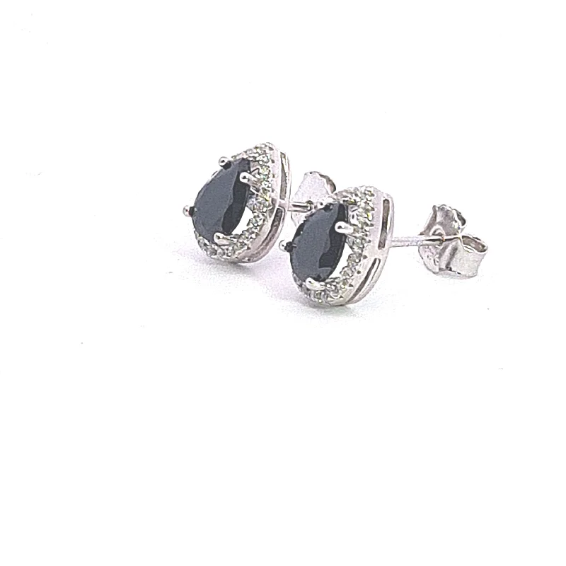 Pear drop halo Black CZ stud earrings 37656