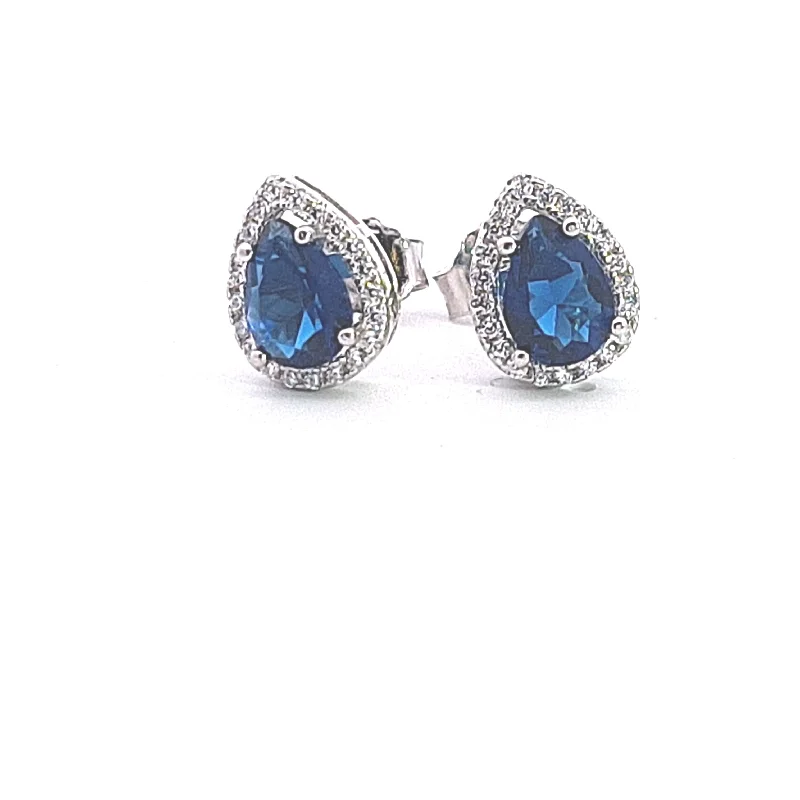 Pear drop halo Sapphire Blue CZ stud earrings 37654