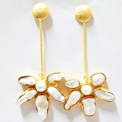 PEARL DAISIES ON GOLD DROP STUD EARRINGS