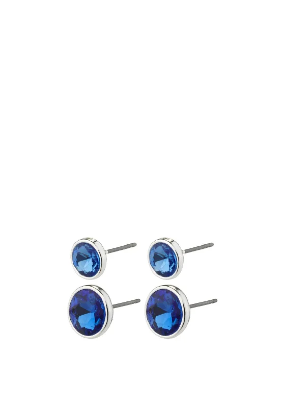 Pilgrim Callie 2 Crystal Stud Earrings, Silver & Blue