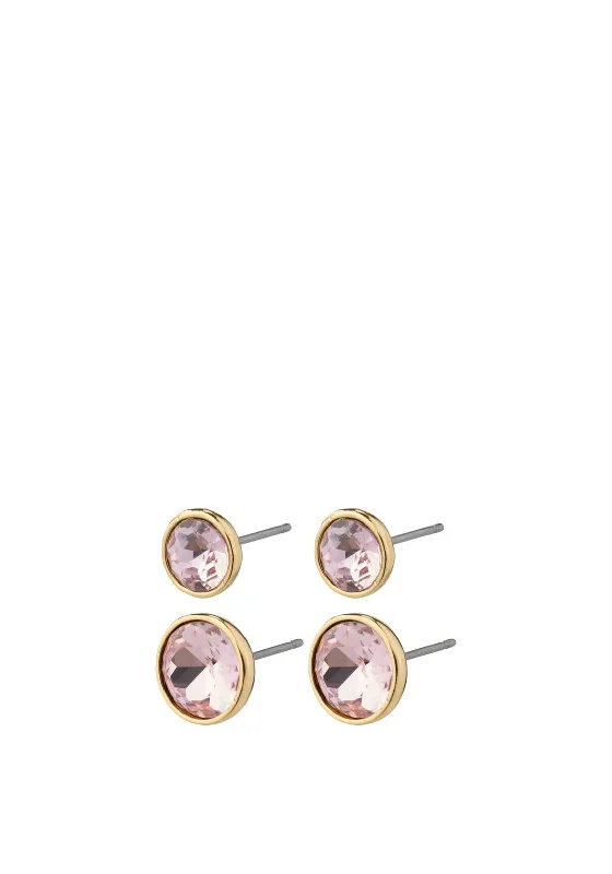 Pilgrim Callie 2 Crystal Stud Earrings, Gold & Pink