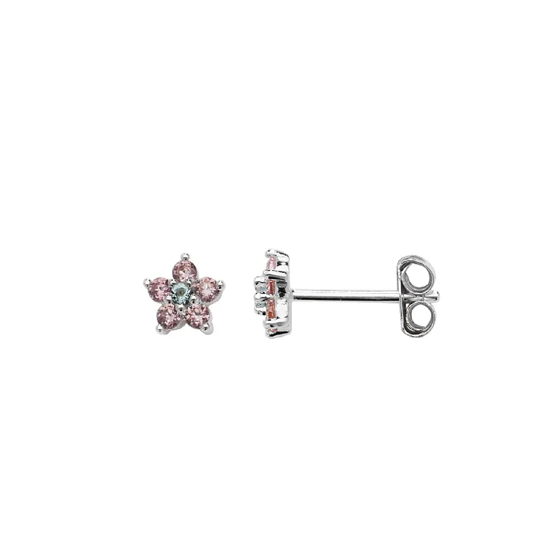 Pink CZ Flower Stud Earrings - Sterling Silver