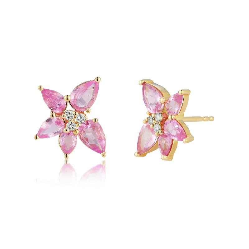 Pink Sapphire & Diamond Trio Cluster Stud Earrings