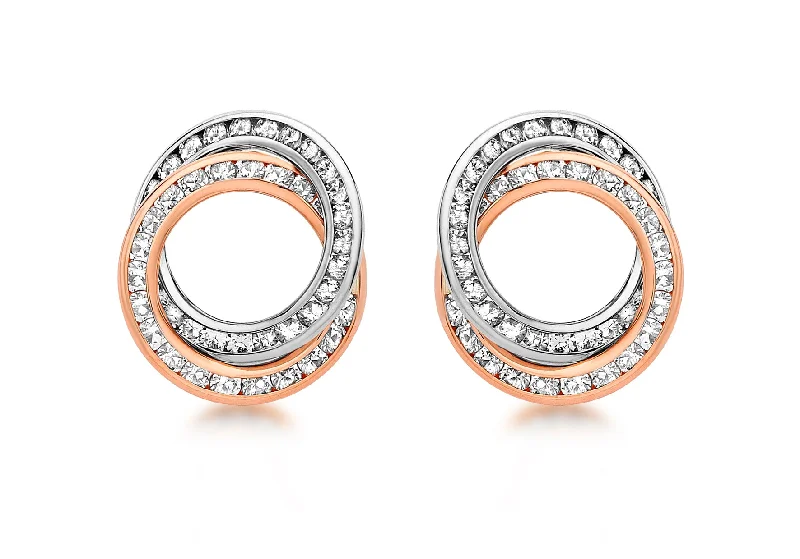 Rose + White gold Connected circle stud earrings 36869