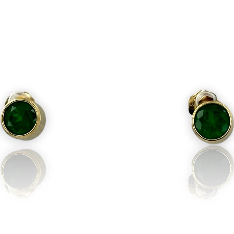 Round Emerald Gemstone Bezel Set 14k 585 Yellow Gold Stud Earrings