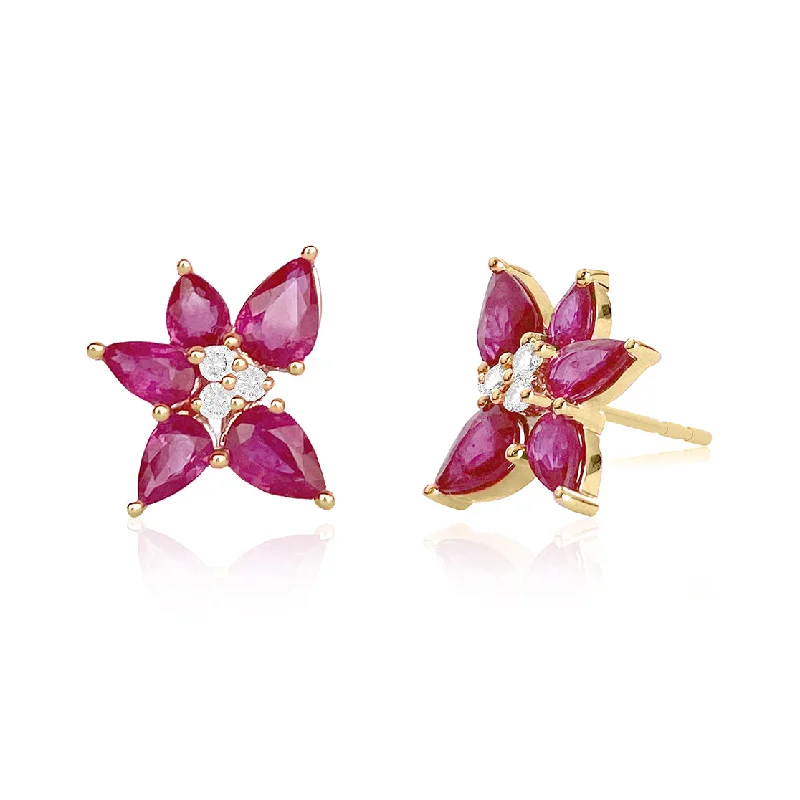 Ruby & Diamond Trio Cluster Stud Earrings