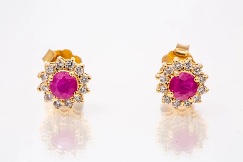 Ruby & Diamond Halo Stud Earrings 14k 585 Yellow Gold