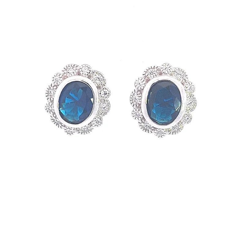 Sapphire Blue CZ scallop cluster sterling silver stud earrings 37644