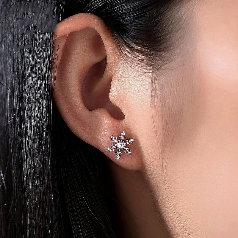 Sterling Silver Christmas Diamond Snowflake Stud Earrings