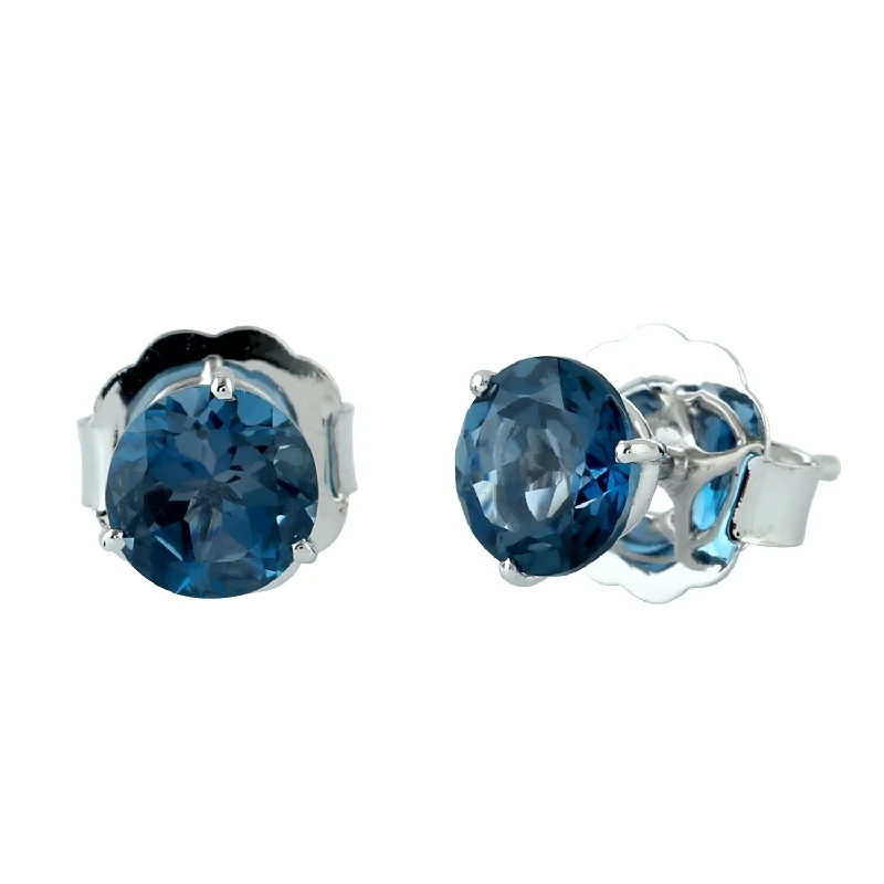 Natural London Topaz Stud Earrings 18k White Gold Jewelry