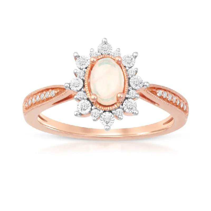 1/10ct TDW Diamond Ethiopian Opal Gemstone Halo Ring in 10k Rose Gold