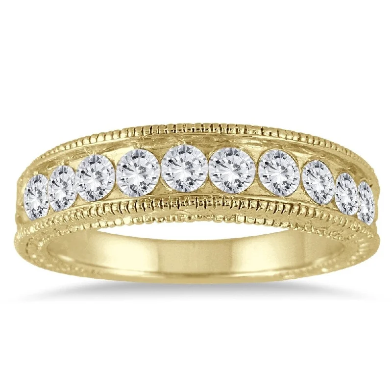 1 Carat TW Diamond Engraved Antique Ring in 14K Yellow Gold