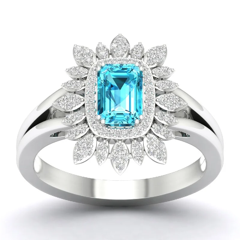 10K White Gold Emerald Cut London Blue Topaz Gemstone and 1/5Ct Diamond Cocktail Ring