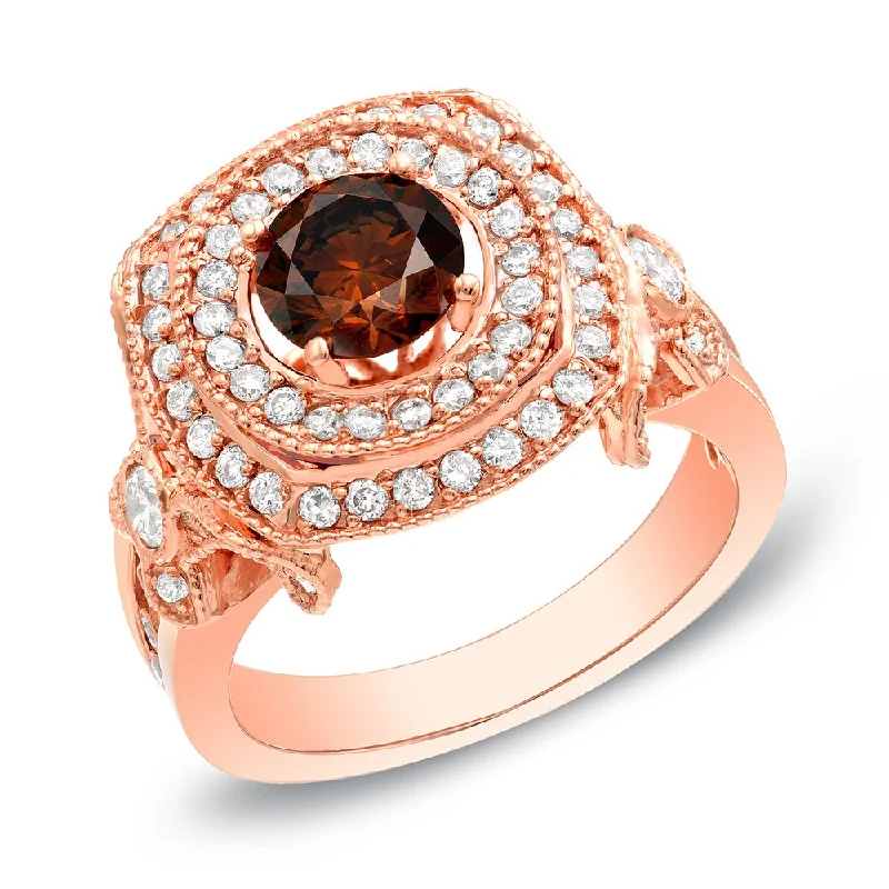 14k Rose Gold Vintage Inspired 2ct TDW Double Halo Brown Diamond Engagement Ring by Auriya