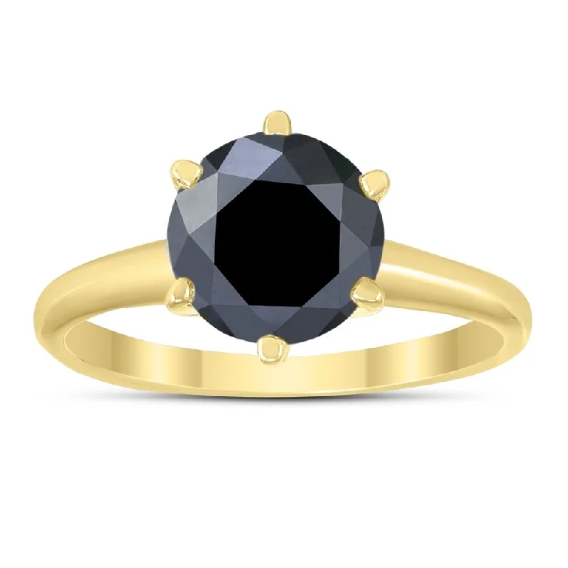 2 Carat Round Black Diamond Solitaire Ring in 14K Yellow Gold