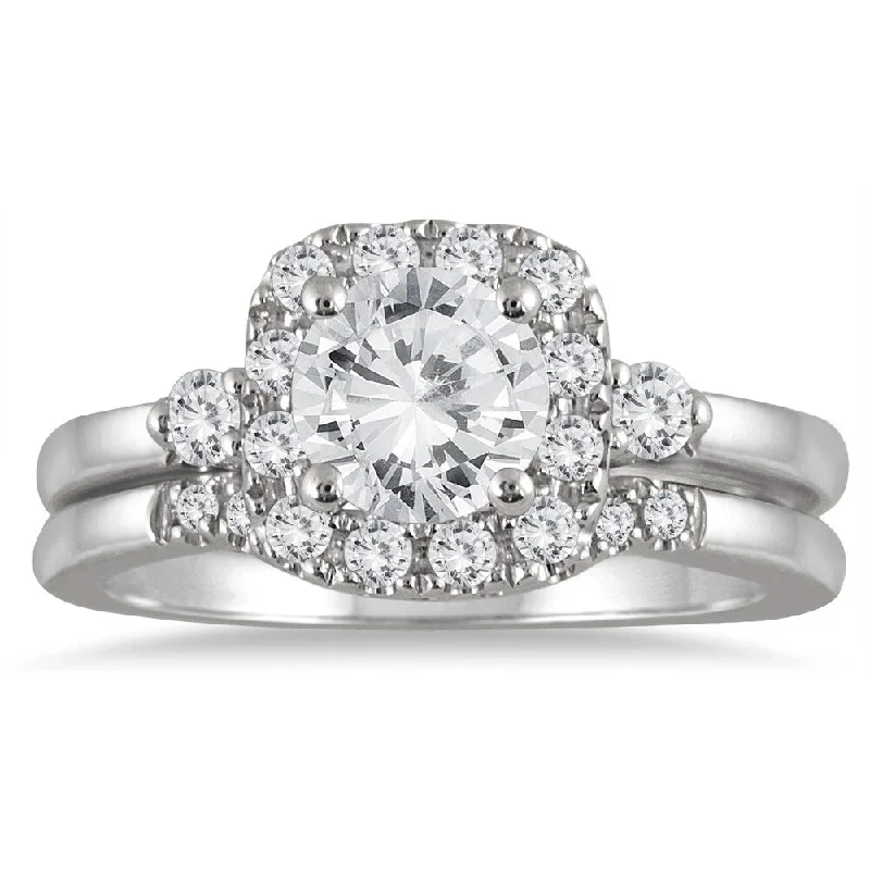 AGS Certified 1 3/5 Carat TW Diamond Halo Engagement Bridal Set in 14K White Gold (I-J Color, I2-I3 Clarity)