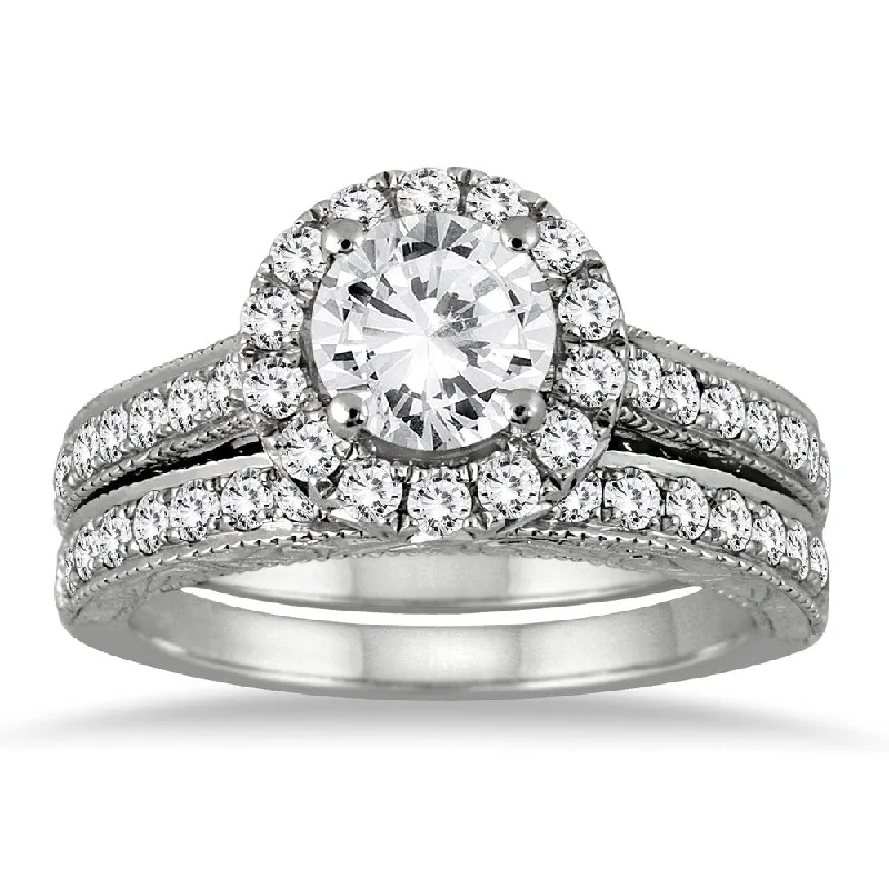 AGS Certified 2 Carat TW Diamond Halo Bridal Set in 14K White Gold (I-J Color, I2-I3 Clarity)