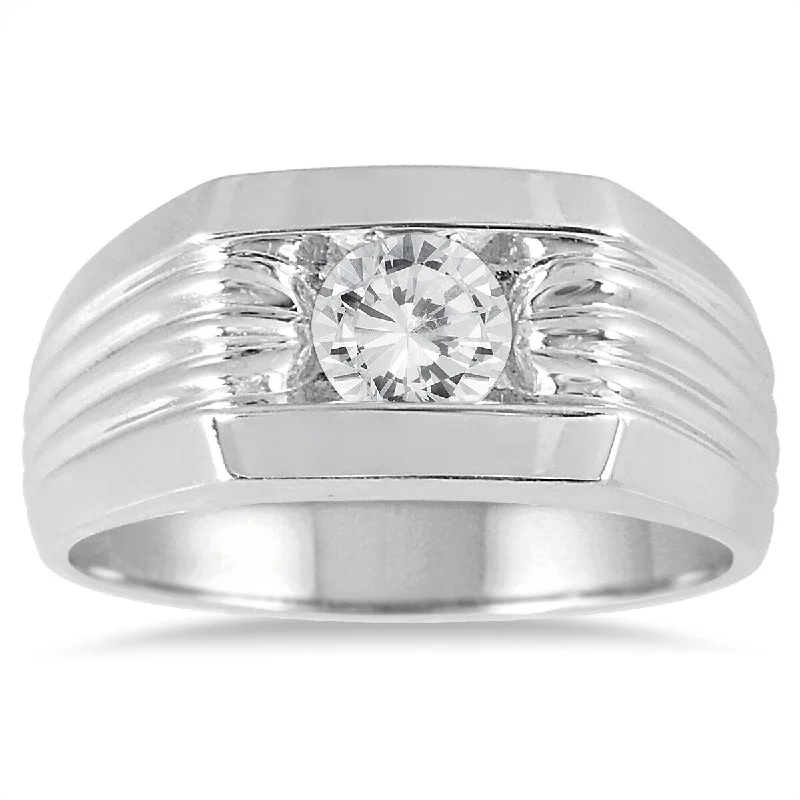 AGS Certified 3/4 Carat Men's Diamond Solitaire Ring in 10K White Gold (H-I Color, I1-I2 Clarity)