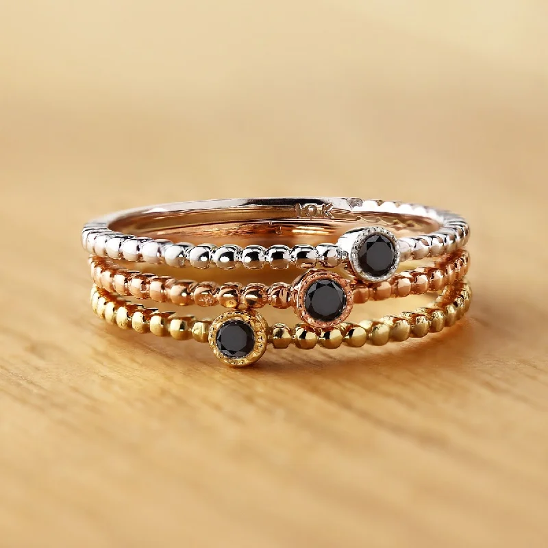 Auriya 10k Gold Ultra-thin Stackable 0.03ctw Beaded Black Diamond Accent Stacking Ring