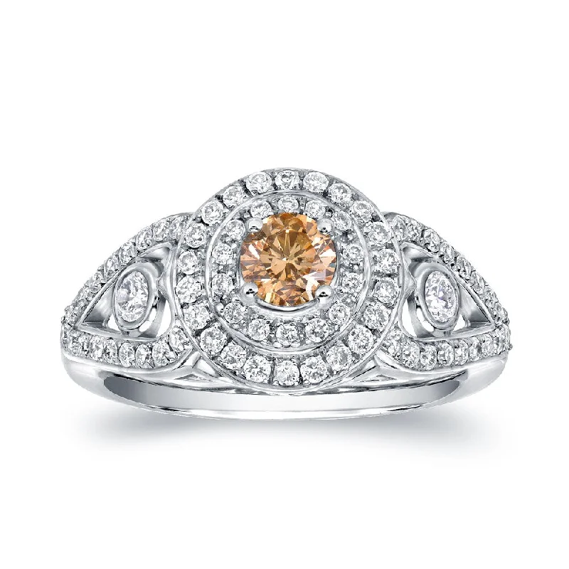 Auriya 1ct TDW Natural Fancy Yellow Diamond Halo Engagement Ring 14k White Gold