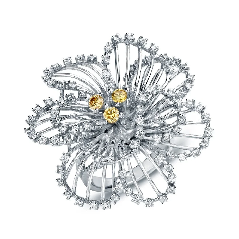 Auriya Flower Shaped 1 1/3ct TDW Yellow and White Diamond Cocktail Ring 14k White Gold