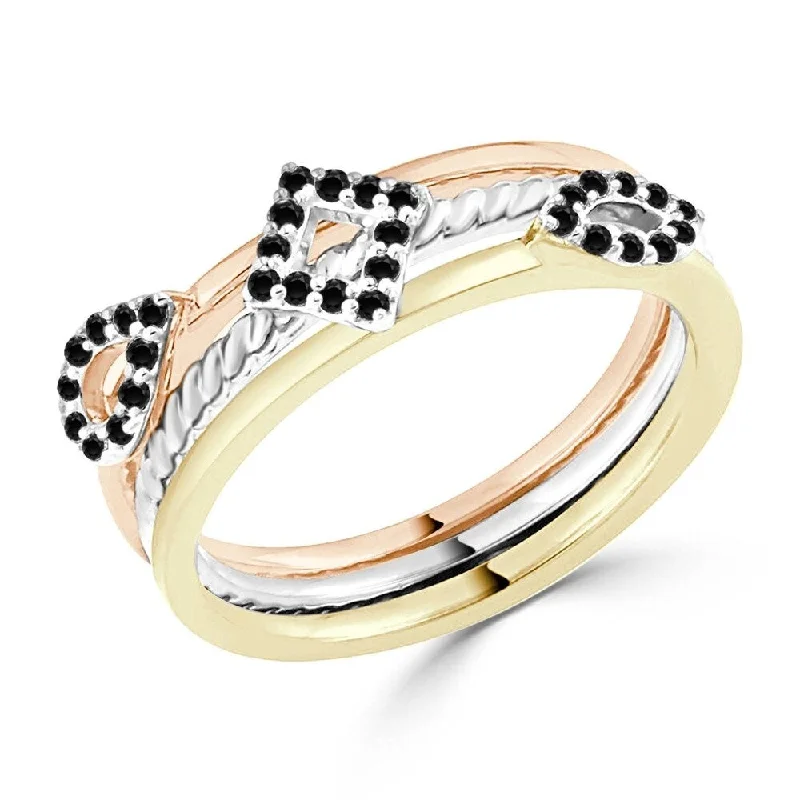 Auriya Geometric Tri-Color Stackable Black Diamond Ring 1/5cttw 10K Gold