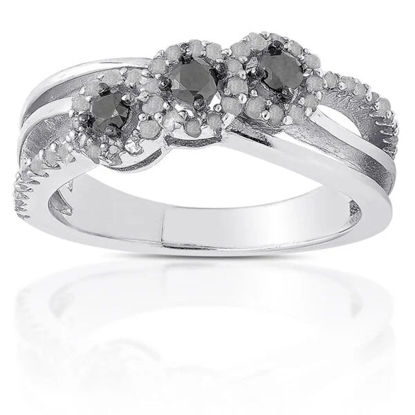 Finesque Sterling Silver 1/2ct TDW Black Diamond 3-stone Ring