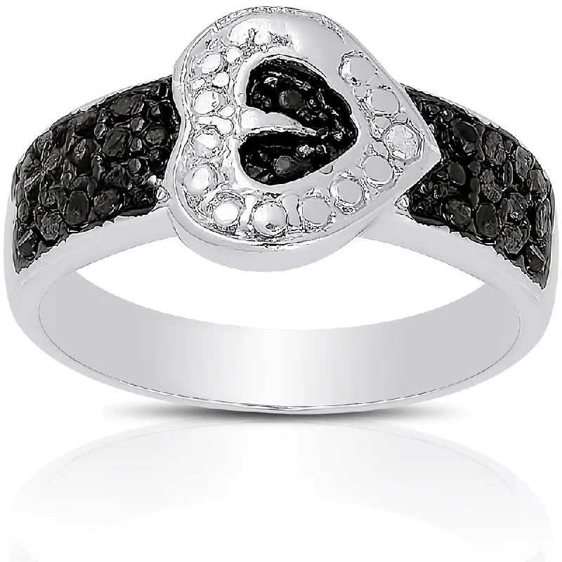 Finesque Sterling Silver Black and White 1/4ct TDW Diamond Sideways Heart Ring