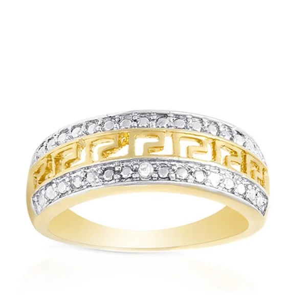 Finesque Yellow Gold over Silver Diamond Accent Greek Key Design Ring