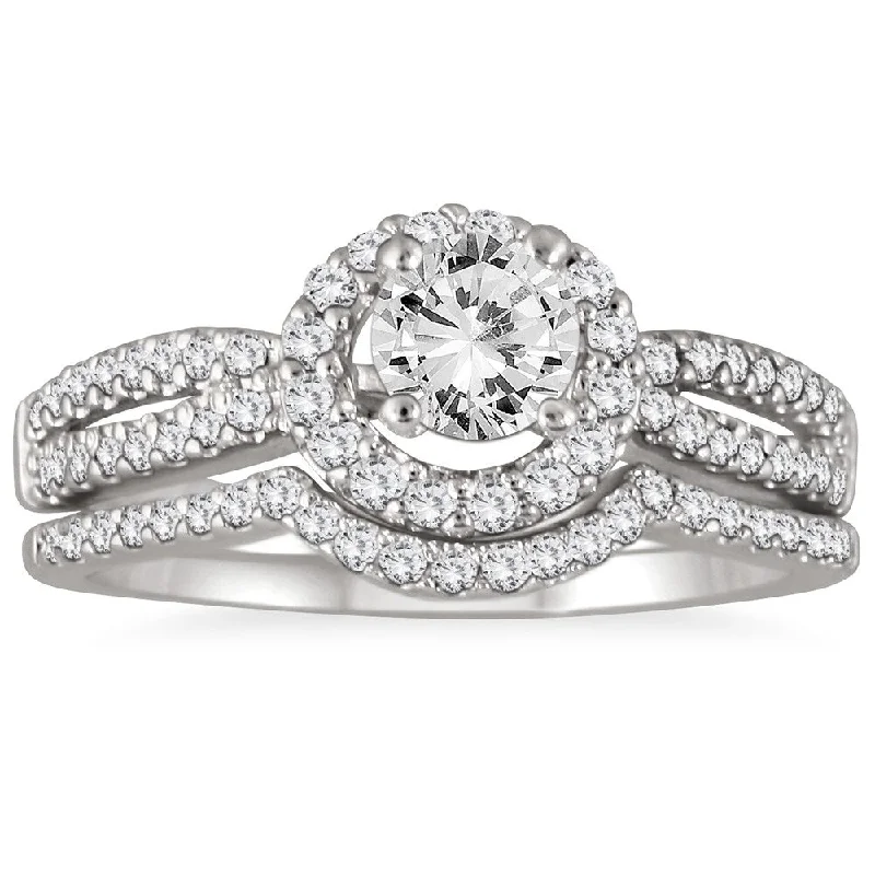 Marquee Certified 1 1/5 Carat Diamond Halo Bridal Set in 14K White Gold (H-I Color, I1-I2 Clarity)