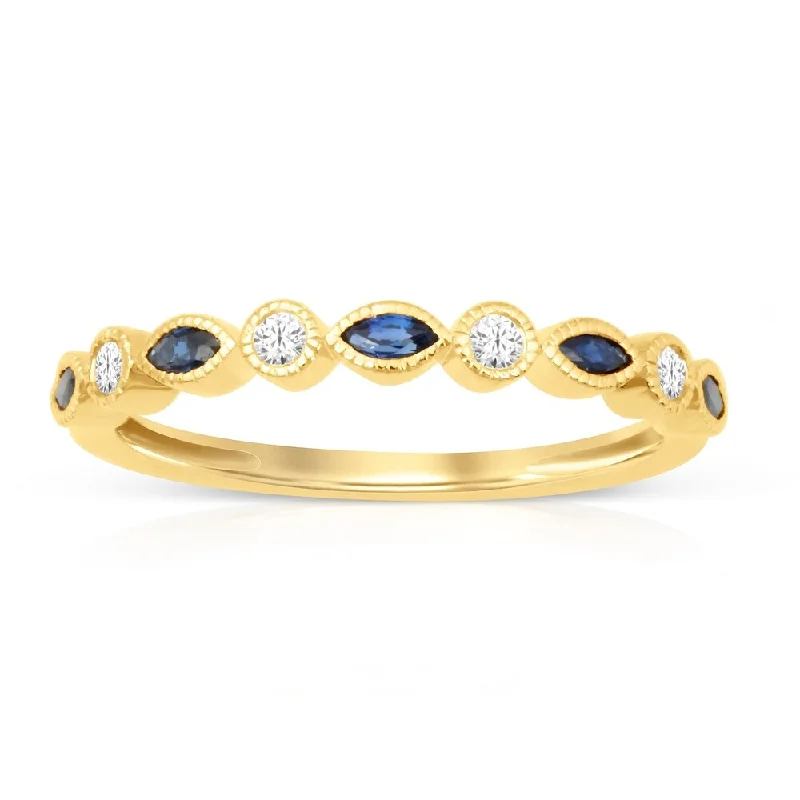 Marquise Cut Sapphire Gemstone 1/10ct TDW Diamond Band in Yellow Gold Plated Silver