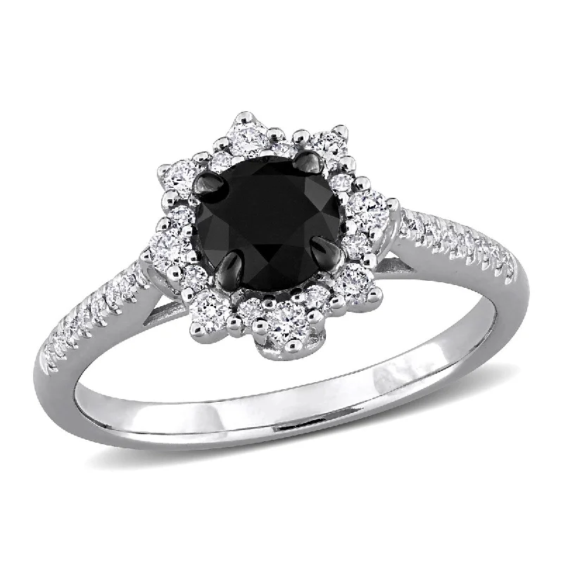 Miadora 1 1/6ct TW Black White Diamond Halo Engagement Ring in 14k White Gold