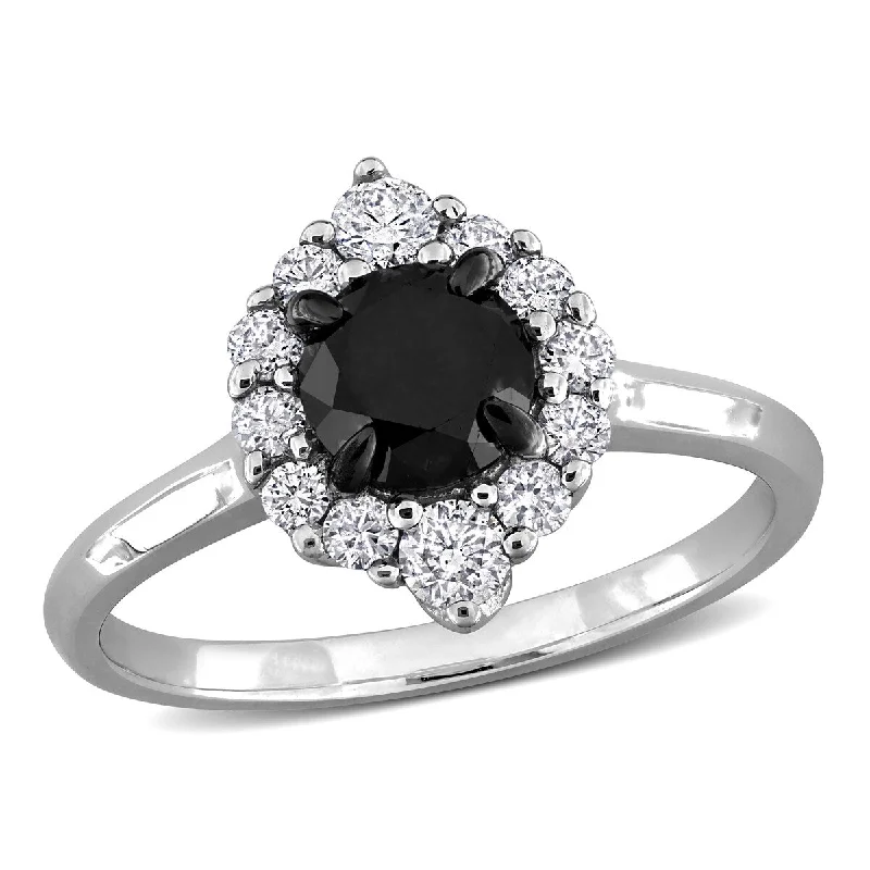 Miadora 1 2/5ct TW Black White Diamond Halo Engagement Ring in 14k White Gold