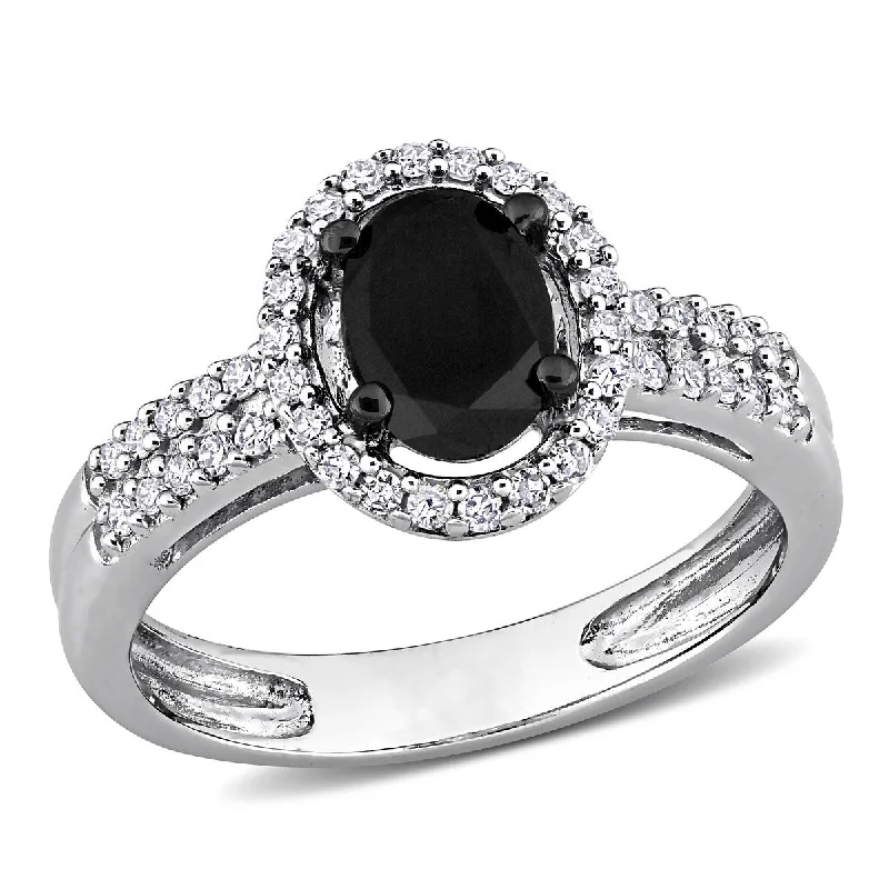 Miadora 1ct TW Oval Round-Cut Black White Diamond Engagement Ring in 14k White Gold