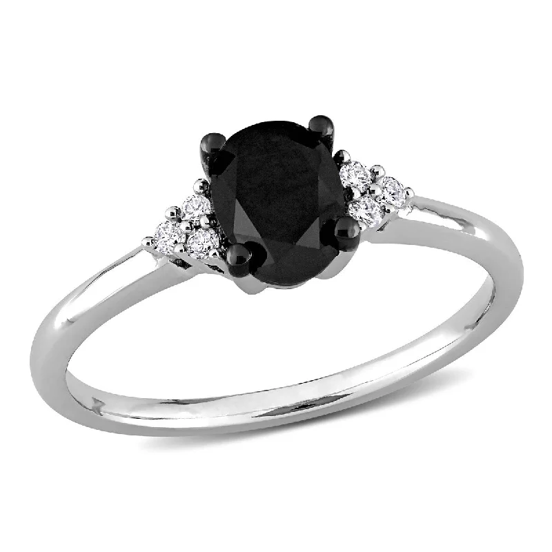 Miadora 1ct TW Round Oval-Cut Black White Diamond Stud Ring in 14k White Gold