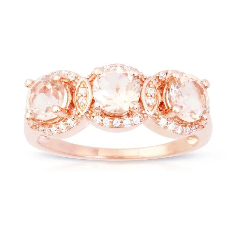 Morganite Gemstone 1/8ct TDW Diamond Three-Stone Halo Ring in 10k Rose Gold