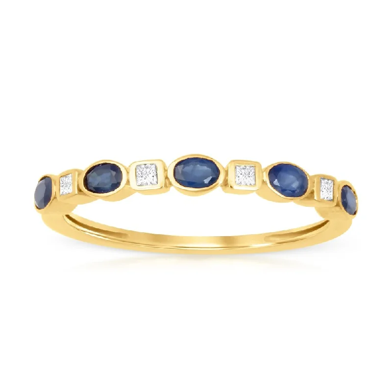 Oval Cut Sapphire Gemstone 1/10ct TDW Diamond Band in Yellow Gold Plated Silver