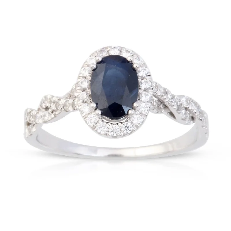 Oval Cut Sapphire Gemstone 1/3ct TDW Diamond Halo Ring in Silver