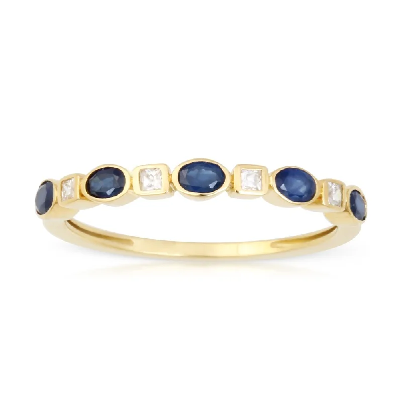 Oval Shape Sapphire Gemstone 1/10ct TDW Diamond Band in 10k Yellow Gold