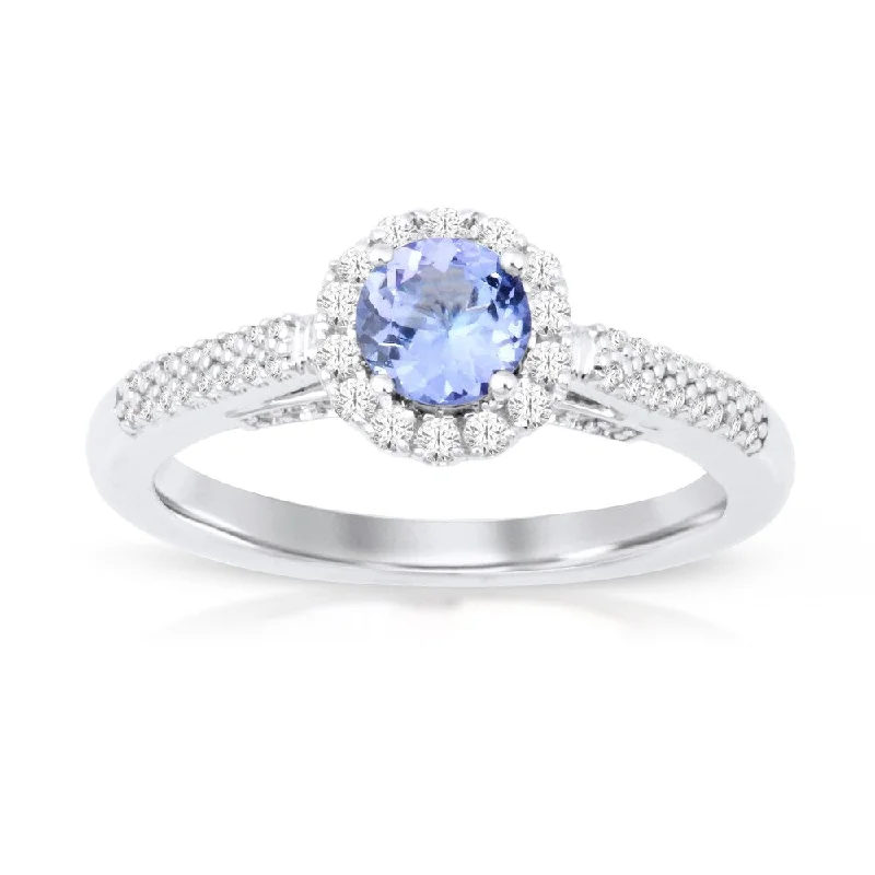 Round Cut Tanzanite Gemstone 1/4ct TDW Diamond Halo Ring in Silver