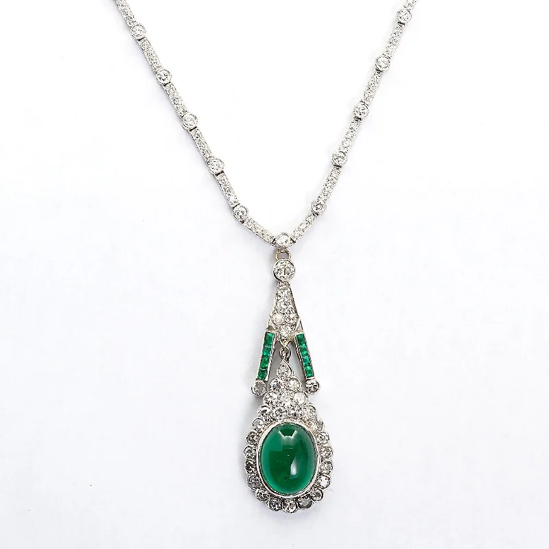 Art Deco Cabochon Emerald Diamond Pendant Necklace